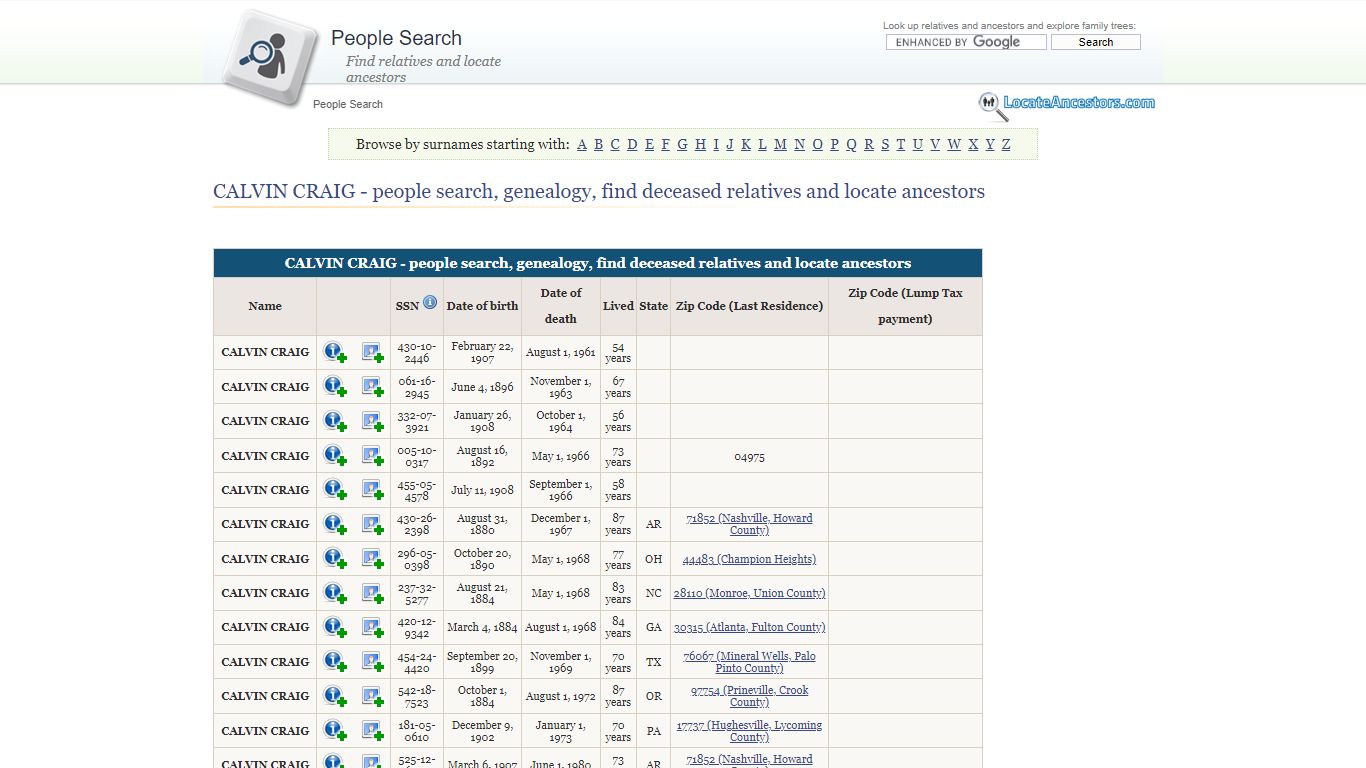 CALVIN CRAIG - people search, genealogy, find deceased ...