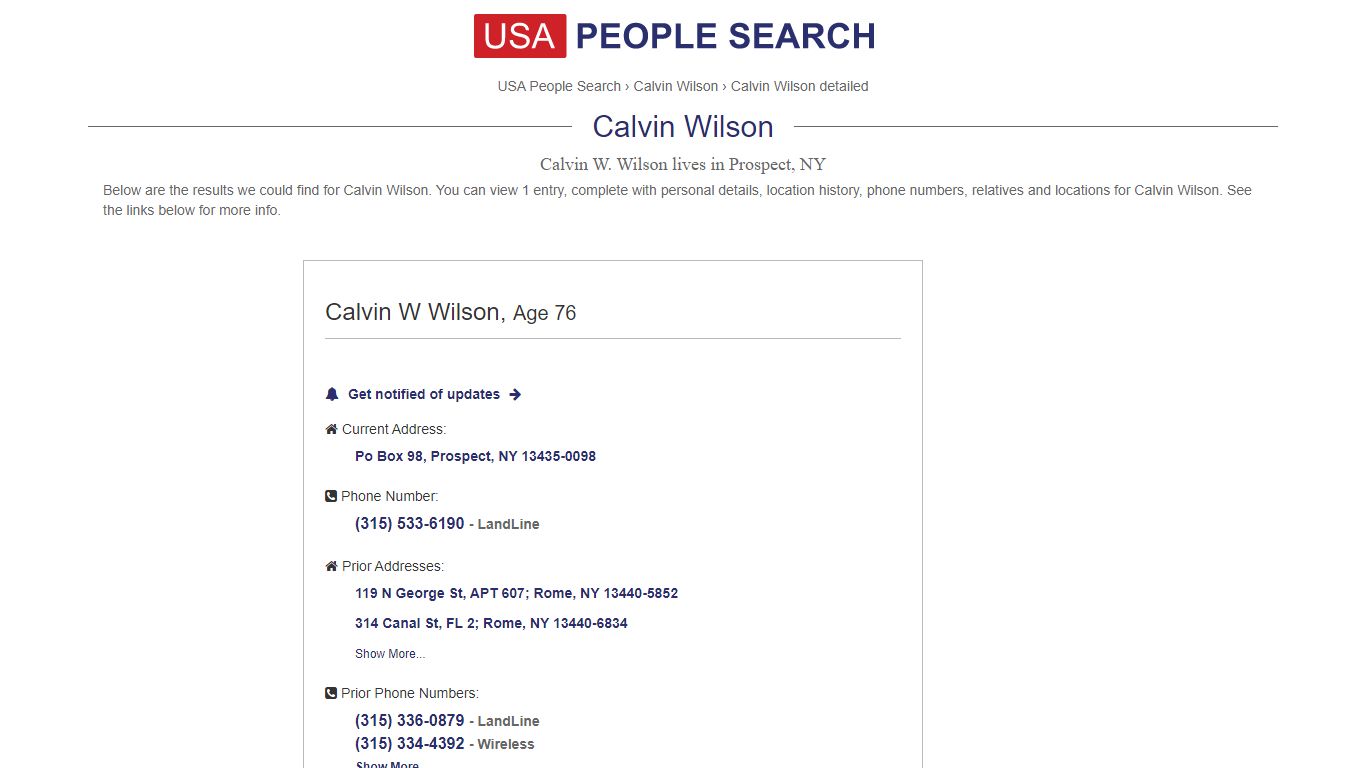 Calvin W. Wilson lives in Prospect, NY - usa-people-search.com